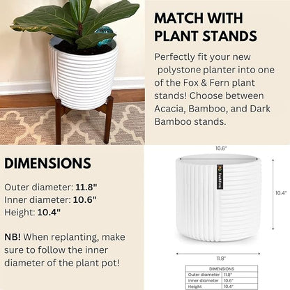 Fox & Fern Large 12 Inch Planter with Drainage Plug — Premium Polystone White Plant Pot - Modern Planter with 3D Texture and Ceramic Finish - 12 Inch Pots for Plants Indoor & Outdoor