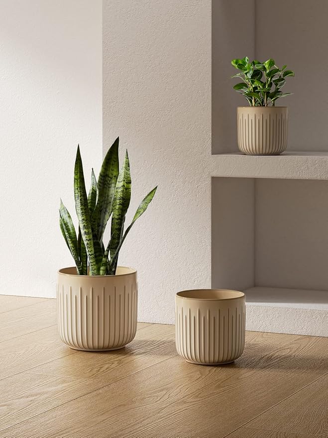 LE TAUCI Fluted Ceramic Pots for Plants, 8.3/7/6 Inch Indoor Planters with Drainage Holes & Mesh, Modern Glossy Glaze Cylinder Plant Pot for Snake Plant, Set of 3, Sand Beige