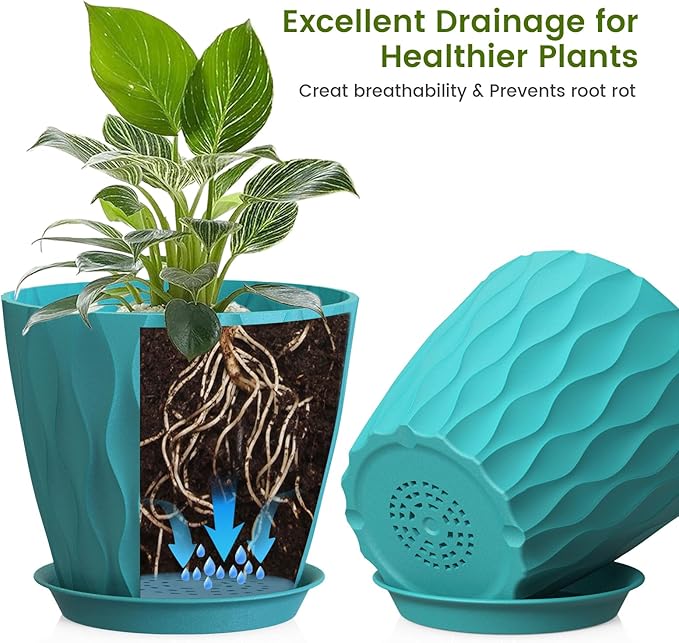 8 Inch Plant Pots, 4 Pack Plastic Planters for Indoor Outdoor with Drainage Holes & Saucers, Waffle Texture Flower Pots for Indoor Plants, Indoor Plant Pots for Monstera, Fiddle Leaf Fig Blue