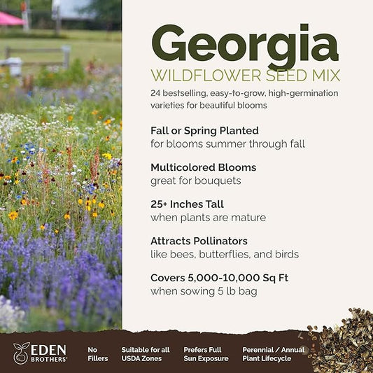 Eden Brothers Georgia Wildflower Mixed Seeds for Planting, 5 lb, 2,400,000+ Seeds with Cornflower, Cosmos, African Daisy | Attracts Pollinators, Plant in Spring or Fall, Zones 3, 4, 5, 6, 7, 8, 9, 10