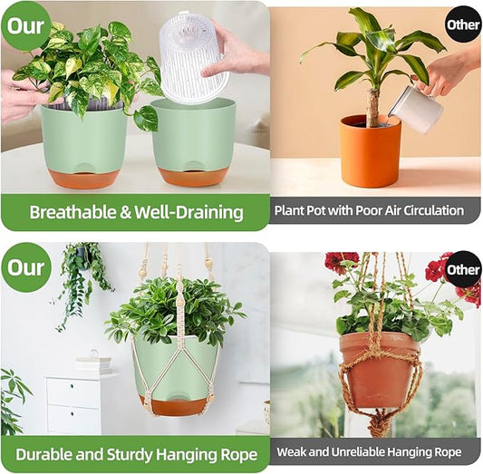 2-Pack Self-Watering Hanging Planters for Indoor & Outdoor Plants,34-Inch macrame hanger plant pots indoor with drainage,5.7-Inch Small Hanging Planters & Baskets in Green,With two sets of hooks