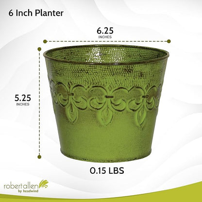 Robert Allen MPT01891 Fluer De Lis Series Metal Planter Flower Pot, 6", Color Tansy Green