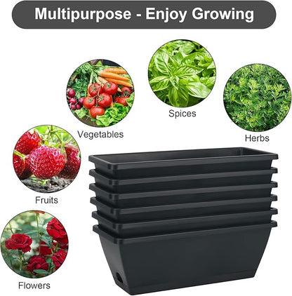 HOXHA Window Box Planter, 6 Pack 17inch Plastic Vegetable Flower Planter Boxes with Tray, Indoor Outdoor Flower Pots for Windowsill, Patio, Porch, Garden Balcony, Dark Gray