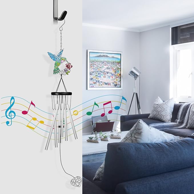 Outdoors Hummingbird Wind Chimes Sympathy Memorial for Loss of Loved One - Soothing Melodic Tones Aluminum Chime Great as a Gift for Your Patio Porch Garden and Backyard (Hummingbird,Heart)