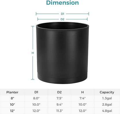 FaithLand 10-Inch Modern Cylinder Planter, Thick-Walled Plastic Plant Pot with Drainage Holes and Detachable Saucer, Matte Black, Ideal for Indoor & Outdoor Plants Flowers