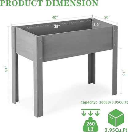 Raised Garden Bed with Legs, 40x20x31'', Solid Wood Elevated Planter Box for Outdoor Backyard Patio