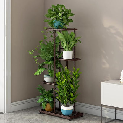 LINZINAR Plant Stand Metal 4 Tier 5 Potted Multiple Flower Pot Holder Shelf Indoor Outdoor Planter Display Shelving Unit for Patio Garden Corner Balcony Living Room (4 Tier 5 Potted, Bronze)