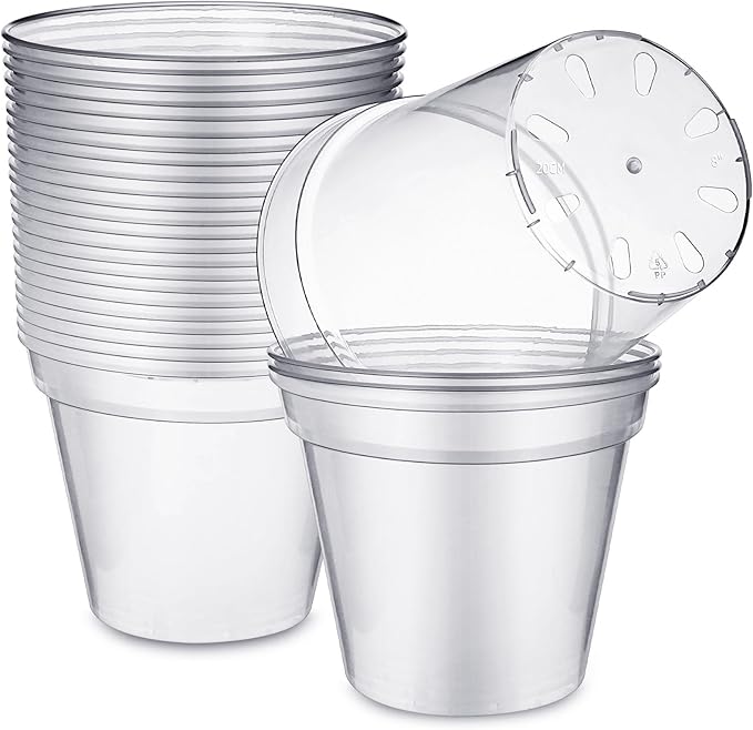 Maxcheck 24 Pcs Thick Clear Nursery Pots for Plants Transparent Plastic Garden Pots with Holes for Seedling Variety Plants Growing in Garden Home (8 Inch)