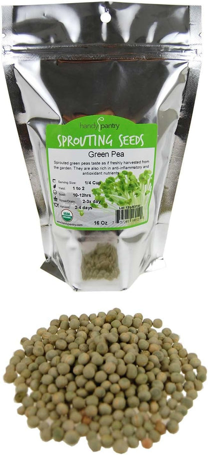 Certified Organic Dried Green Pea Sprouting Seed - 1 Lb - Handy Pantry Brand - Green Pea for Sprouts, Garden Planting, Cooking, Soup, Emergency Food Storage, Vegetable Gardening