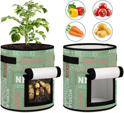 Custom Name Grow Bags 7 Gallon Personalized Breathable Potato Growing Bag with Flap Harvest Window and Handles Garden Planting Bag for Tomato Vegetable Fruits 2 Pack Light Green