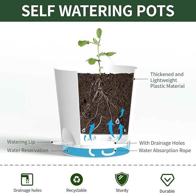 4 Inch 10 Pack Small Self Watering Pots for Indoor Plants, Nursery Pot with Drainage Holes and Saucers, Plastic Small Flower Planter for Succulent, Aloe, Cacti and More (White)