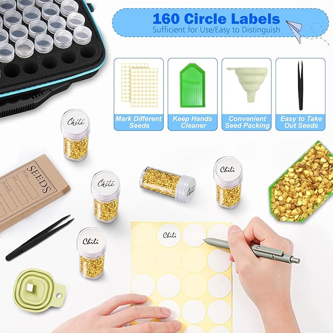 Seed Storage Organizer Box with 120 Slots and Plastic Bottles, Garden Seed Saver Kit with Envelopes, Labels, Funnel & Tweezers, Airtight Seed Storage Case for Flowers, Vegetables, Herbs & Plants