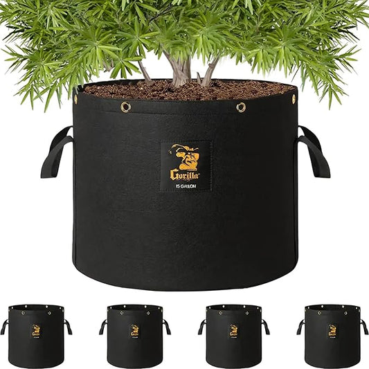 GorillaGrow Tent 15 Gallon Fabric Grow Bags – Heavy Duty, Thick 600g Fabric, BPA-Free, Reinforced Handles & Metal Grommets for Indoor/Outdoor Plants, Air Pruning Pots for Bigger Yields - 4 Pack