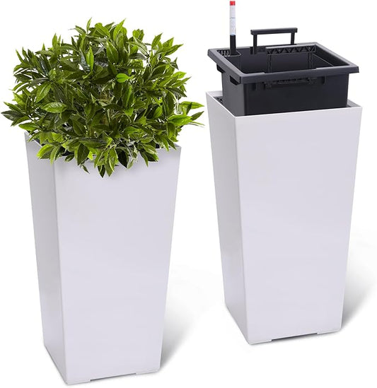 GAOMON 23" Tall Planters Set of 2, Planters for Outdoor＆Indoor Plants, Modern Plant Pots with Drainage Holes＆Water Level Monitor＆Inner Bucket, Automatic Watering, Convenience Instill, White
