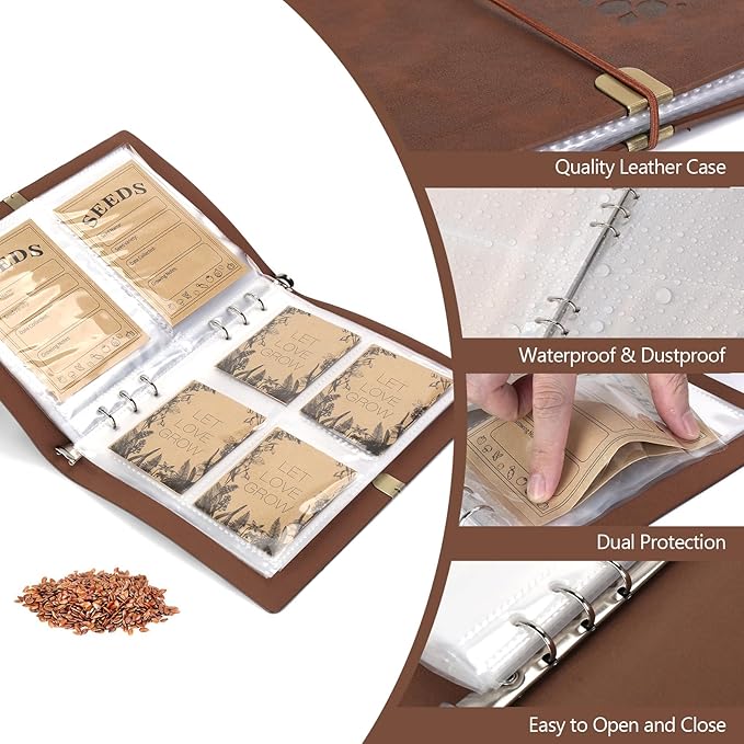 Seed Storage Organizer, Seed Packet Organizer Binder with 80Pcs Garden Seeds Storage Envelopes and 40 Clear Pocket Sheet Protectors for Protecting Vegetable Seeds (Brown, 9.1 x 6.5inch)