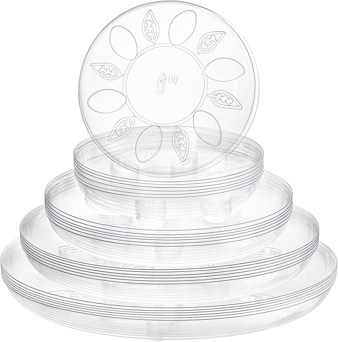 YOUEON 24 Pack Clear Plant Saucers with Feet, 6/8/10/12 Inch Heavy Duty Plastic Plant Drip Trays, Flower Pot Trays, Plant Water Catcher Tray for Indoor & Outdoor Plants, Round, 4 Sizes