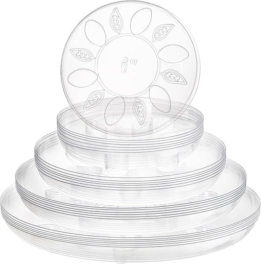 YOUEON 24 Pack Clear Plant Saucers with Feet, 6/8/10/12 Inch Heavy Duty Plastic Plant Drip Trays, Flower Pot Trays, Plant Water Catcher Tray for Indoor & Outdoor Plants, Round, 4 Sizes