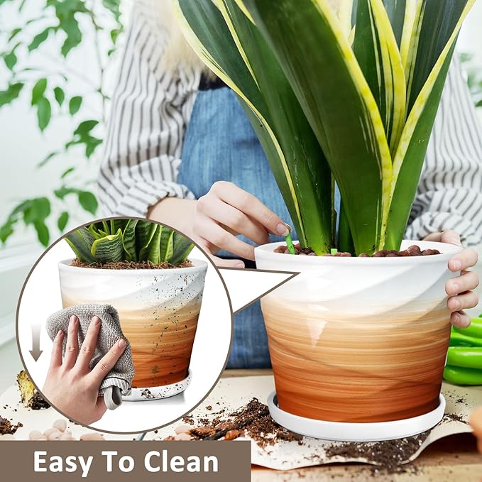 8 Inch Plant Pot, Ceramic Planter with Drainage and Saucer,Ceramic Planters for Indoor Plants, 8 Inch Garden pots(Khaki + White)