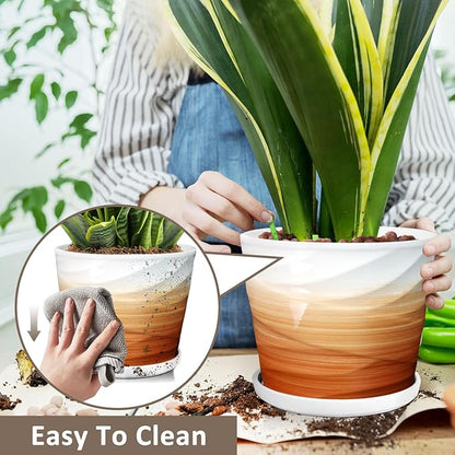 8 Inch Plant Pot, Ceramic Planter with Drainage and Saucer,Ceramic Planters for Indoor Plants, 8 Inch Garden pots(Khaki + White)