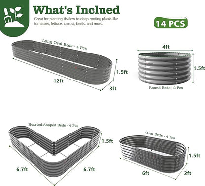 A ANLEOLIFE 14-Piece 18 Inch Tall Raised Garden Beds Kit, Heart-Shaped, Long Oval & Round Metal Planters – Ideal for Creative Garden Layouts, Quartz Grey