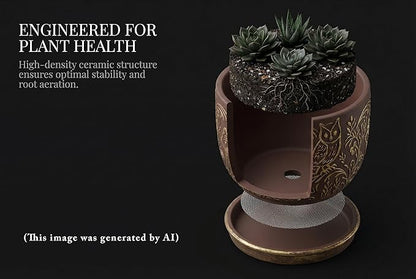 Decorative Ceramic Planter Pot with Saucer, Brown with Gold and Silver Owl Pattern, Indoor Garden Container with Drainage (G&S, 6 inch)