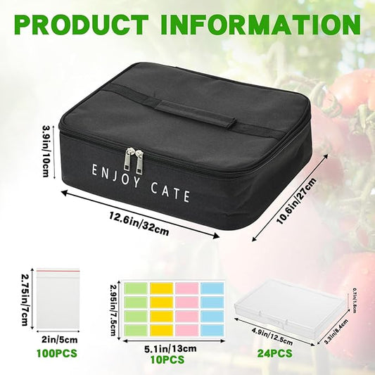 24 Slot Seed Storage Organizer Box with Insulated Bag with Dual Zipper Bag, Garden Seed Organize Sealed Bags and Label Stickers Saving Container Keeper Set for Garden Vegetable Flower Plants