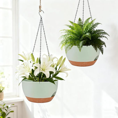 Set of 2-8 Inch Self Watering Hanging Planters for Indoor Outdoor，Hanging Plant Pots with Drainage & Removable Tray, Hanging Pots Holder for Ivy, Pothos, Ferns, Balcony & Patio, Green Brown
