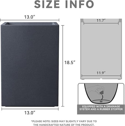 Kante 18.5" H Tall Rectangular Concrete Planters, Outdoor Indoor Lightweight Plant Pots with Drainage Hole and Rubber Plug, Modern Style for Home Garden Patio, Charcoal