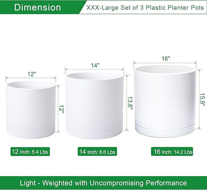 D'vine Dev 12 Inch 14 Inch 16 Inch, Set of 3 Plastic Planter Pots for Plants with Drainage Hole and Seamless Saucers, White Color, XXX-Large, 74-V-A-7