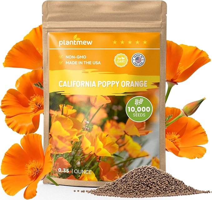 Orange California Poppy Seeds for Planting - Bulk 0.35 Ounce Packet - Over 10,000 Native Seeds - California State Flower