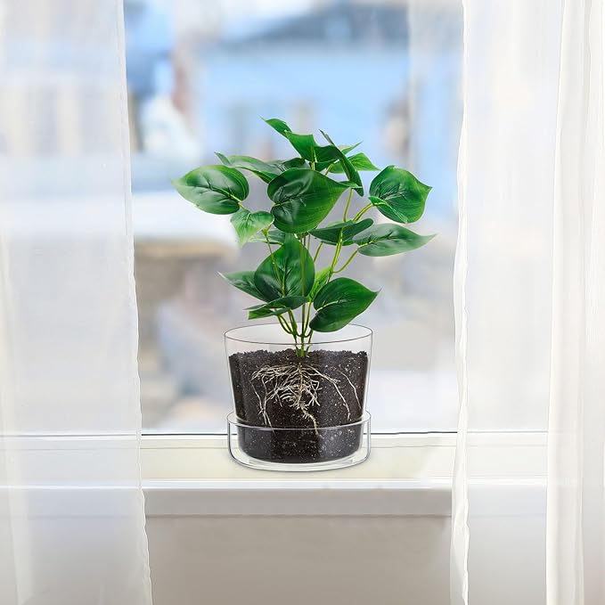 2 Sets 6 Inch Glass Planter with Drainage Hole and Tray Indoor Clear Plant Pots with Saucer Modern Decorative Orchid Glass Pot for Outdoor Flower Plants
