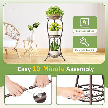 KMOTASUO 3 Tier Tall Plant Stand Indoor Outdoor for Large Planter, Multiple Level Flower Holder Organizer Rack for Patio Office Bathroom Corner, Sturdy Heavy Duty Metal, Vertical Display, Bronze