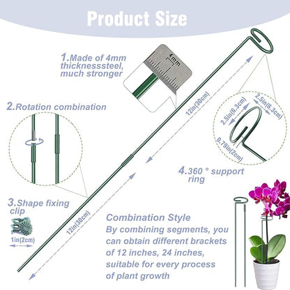 4.5mm Adjustable Length Plant Stake, Assembled (12 or 24 inch) Outdoor and Indoor Plant Support Poles for Flowers Marigolds Tomatoes Lilies Peonies Roses Daffodils Flower Clips (12 Sets, 36 Pcs)