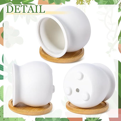 Remerry 12 Pcs 3.5 Inch Mini Succulent Pots with Bamboo Tray White Ceramic Pots Color Your Own DIY Small Planters Containers for Flower Cactus with Drainage Hole for Plant Lover