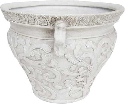 Christopher Knight Home Armis Round Concrete Planter, Indoor Outdoor Garden Plant Pot with Drainage Hole, Floral Relif Patio Urn Planter for Front Porch/Backyard, Outdoor Planter Box, Antique White