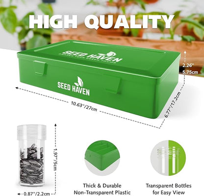 Seed Organizer Storage Box, Black Opaque Light Proof Seed Bank with 60 Transparent Bottles & Labels, Seed Holder Packet Organizer, Seed Vault Container for Homesteaders, Garden Tackle and Bead Sorter