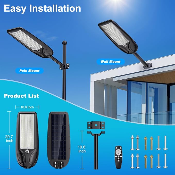 10000W Solar Street Lights Outdoor Waterproof IP66 , Heavy Duty Solar Powered LED Flood Light, Commercial Parking Lot Dusk to Dawn, 7000K Motion Sensor with Remote Control Garage, Pathway 2 Pack