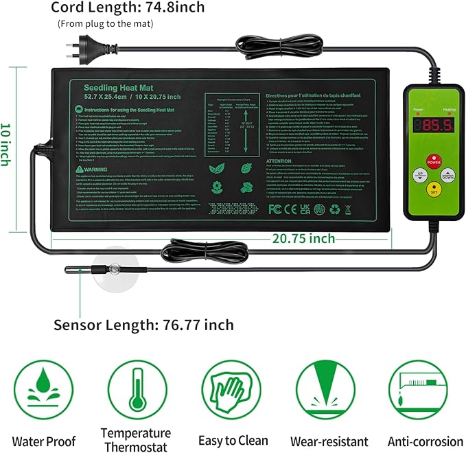 Seedling Heat Mat with Temperature Controller | Waterproof Heating Pads | Seed Germination Heating Mat 10 x 20.75 Inch