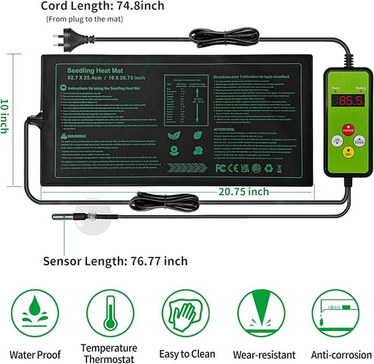 Seedling Heat Mat with Temperature Controller | Waterproof Heating Pads | Seed Germination Heating Mat 10 x 20.75 Inch