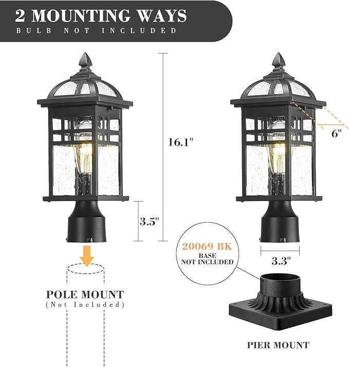 Emliviar 16 Inch Outdoor Lamp Post Light Fixture, Modern Outdoor Pillar Light for Outside, Waterproof Aluminum in Black Finish Seeded Glass, DE281P BK
