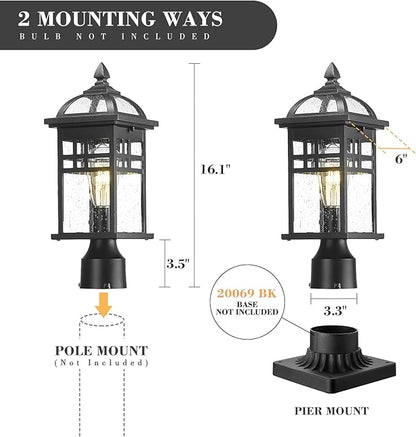 Emliviar 16 Inch Outdoor Lamp Post Light Fixture, Modern Outdoor Pillar Light for Outside, Waterproof Aluminum in Black Finish Seeded Glass, DE281P BK