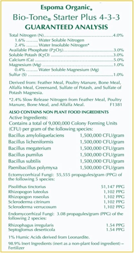 Espoma Organic Bio-Tone Starter Plus 4-3-3 Natural & Organic Starter Plant Food with Both Endo & Ecto Mycorrhizae; 4 lb. Bag; The Ultimate Starter Fertilizer - Pack of 1