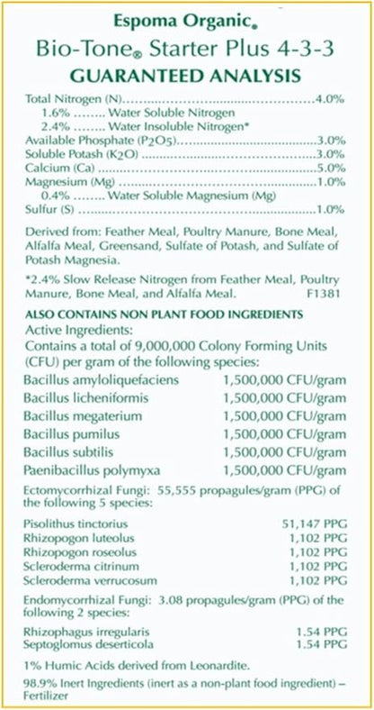 Espoma Organic Bio-Tone Starter Plus 4-3-3 Natural & Organic Starter Plant Food with Both Endo & Ecto Mycorrhizae; 4 lb. Bag; The Ultimate Starter Fertilizer - Pack of 1