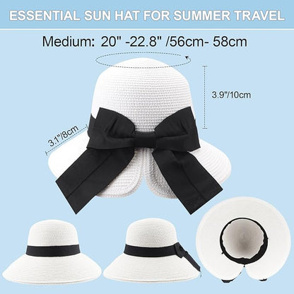 DRESHOW Sun Hats for Women Travel Fedora Foldable Beach Sun Hat Summer Wide Brim Straw Bucket Hat with Bowknot UPF 50+