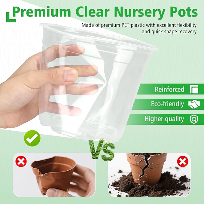 6 Inch Large Clear Nursery Pots with Drainage, 20 Pack Plastic Pots for Plants, Ideal Seedling Pots and Plant Pots for Vegetables, Orchids, Aloe, Indoor Outdoor Use (6 inch-20 Pack)