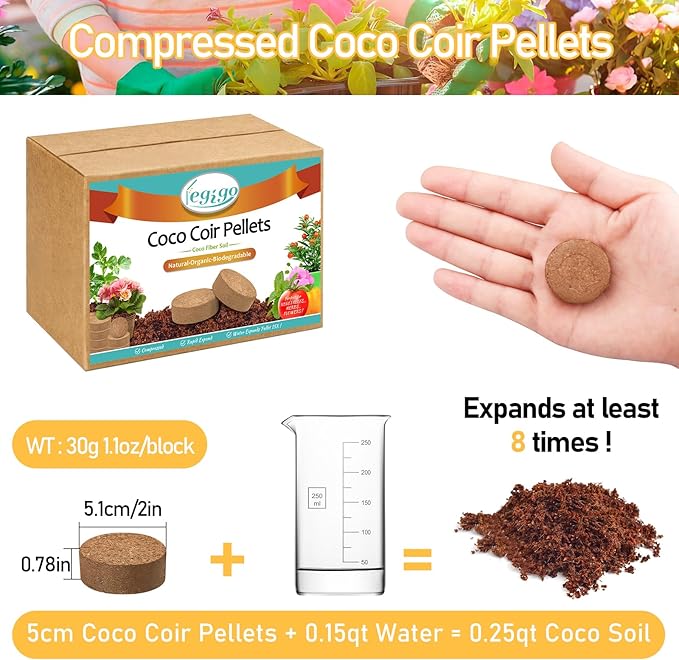 Legigo 100 PCS 50mm Coco Coir Pellets Potting Soil Mix- Compressed Coconut Coir Discs Seed Starting Soil Pellets, Coco Peat Soil Pods for Indoor & Outdoor Plants, Gardening Herbs Bonsai and Vegetables