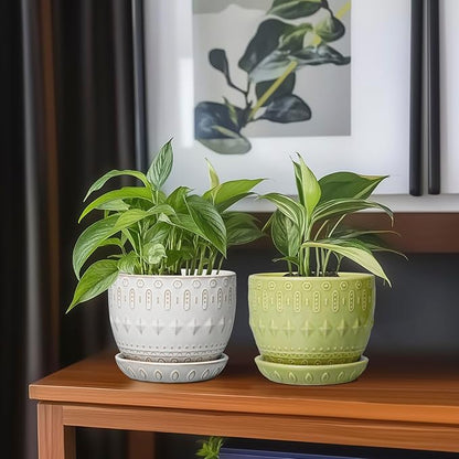 G EPGardening Ceramic Planter 5.5 Inch - Boho Plant Pot Indoor with Drainage Hole and Saucer, Round Flower Succulent Pot for Plants, Plant Lovers Gifts, Garden Office House Decor, Green