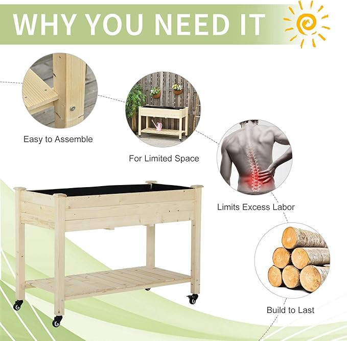 Outsunny Raised Garden Bed, 47" x 22" x 33", Elevated Wooden Planter Box w/Lockable Wheels, Storage Shelf, and Bed Liner for Backyard, Patio, Natural