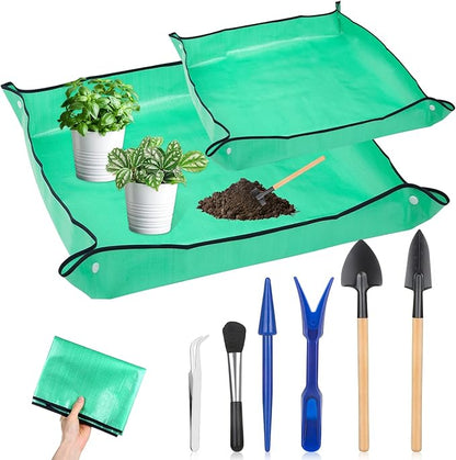 Plant Repotting Mat for Garden, 2 Pcs Waterproof Potting Mat Foldable Indoor Plant Mats Portable Square Gardening Mat Potting Tray with 6 Pcs Mini Garden Tools Set for Plant Lovers Gardening Gifts