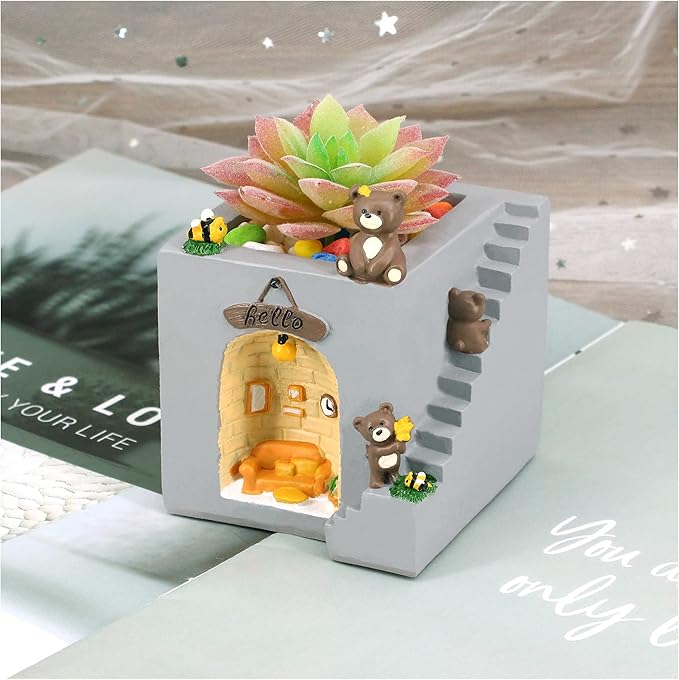 Segreto Creative Stairs Flower Pots Resin Planter Plants Vase with Drainage for Succulent Planting Pot(Bear)